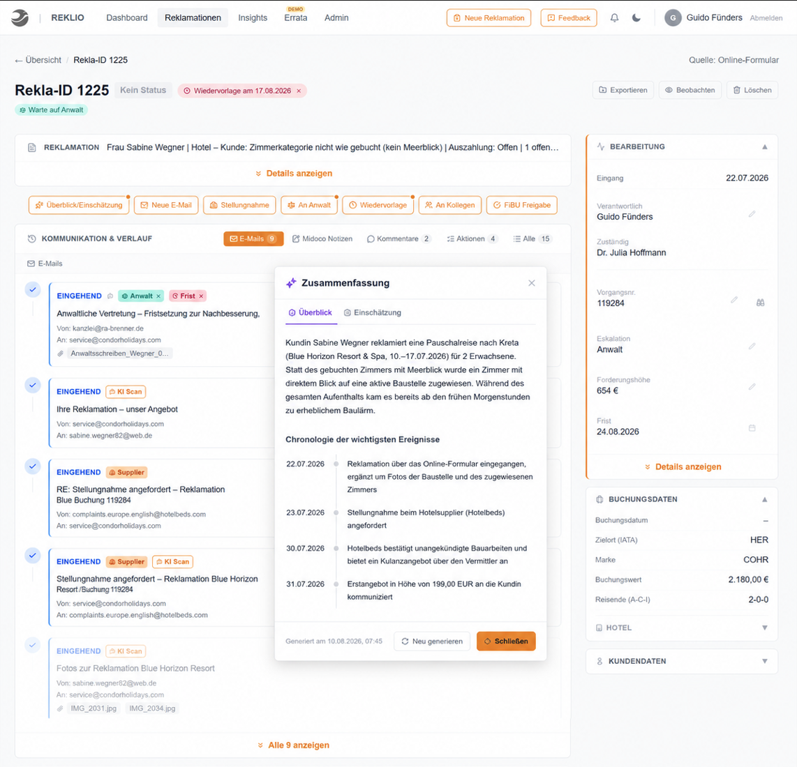 Vorgangsansicht der gifuva Customer Service Plattform mit geöffneter KI-Zusammenfassung