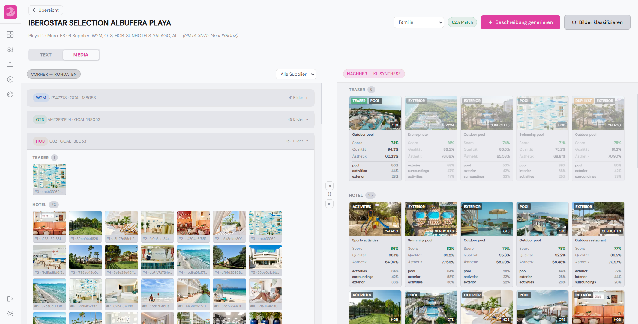 Ansicht des gifuva Hotel Content Studio: erkannte und bewertete Bildinhalte aus verschiedenen Supplier-Quellen